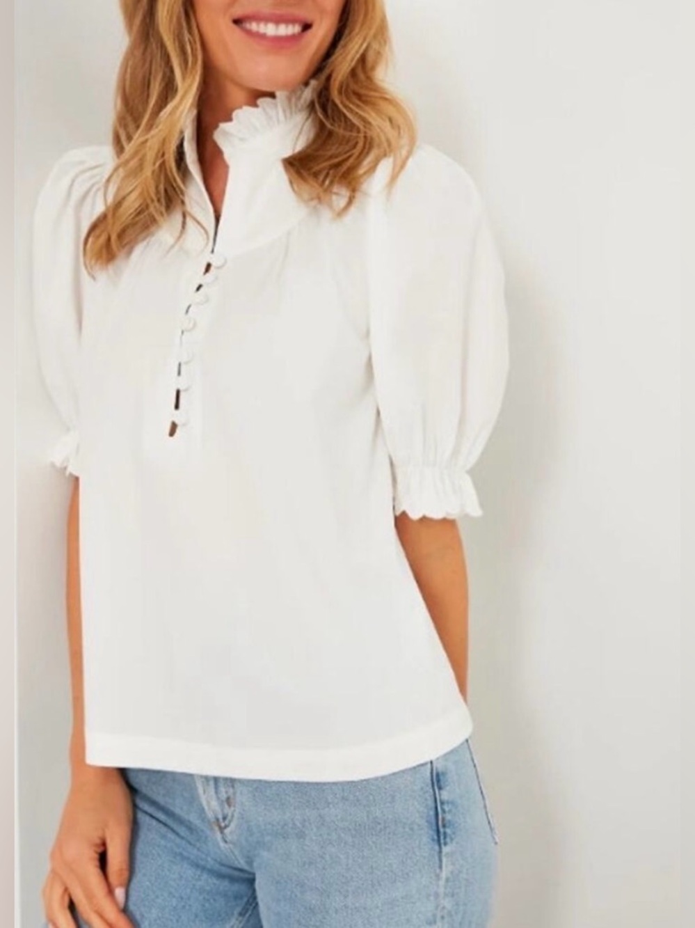 White Ruffle-Neck Puff-Sleeve Top